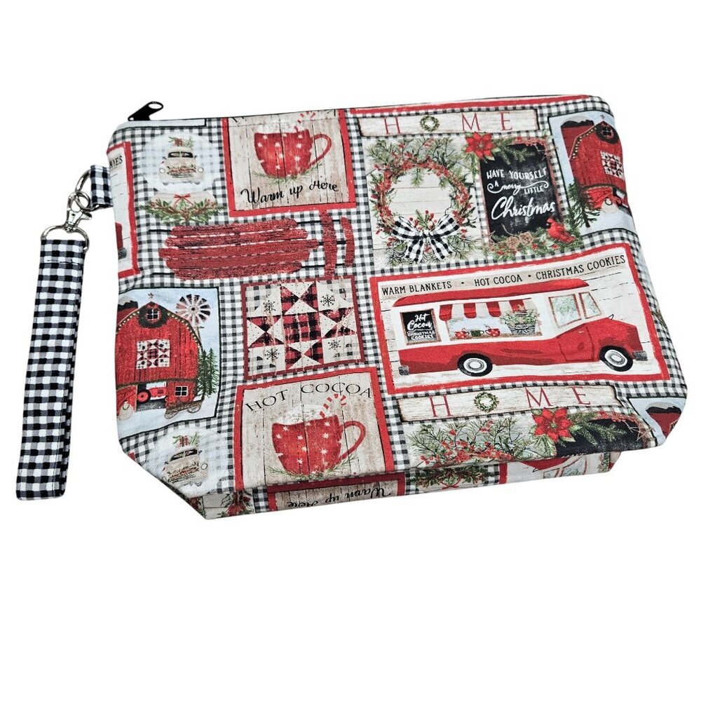 MLDthreadz Handmade Zip Holiday Yarn Pouch Gingham Strap Festive Knit Crochet